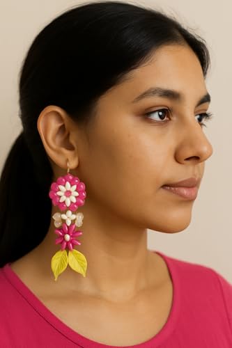 Handmade Pink Floral Dangle Earrings with Beads & Leaves | Clay Jewelry for Women & Girls | Rakshabandhan Gift | Boho Statement Earrings