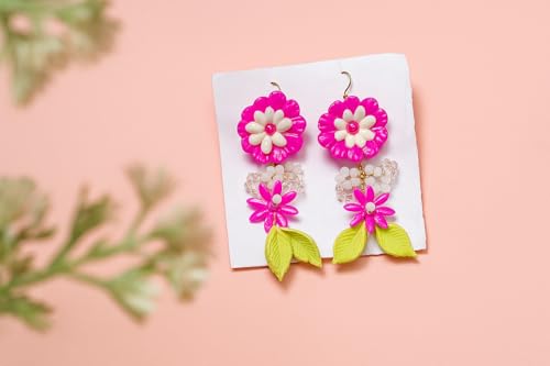 Handmade Pink Floral Dangle Earrings with Beads & Leaves | Clay Jewelry for Women & Girls | Rakshabandhan Gift | Boho Statement Earrings