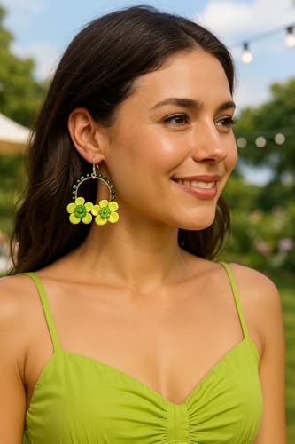 Tahera Handcrafted Green Flower Hoop Earrings for Women & Girls, Beaded Floral Statement Earrings | Lightweight Boho Ethnic Dangler Jewelry for Festive & Casual Wear