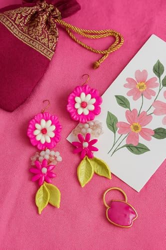 Handmade Pink Floral Dangle Earrings with Beads & Leaves | Clay Jewelry for Women & Girls | Rakshabandhan Gift | Boho Statement Earrings