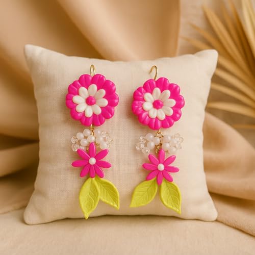 Handmade Pink Floral Dangle Earrings with Beads & Leaves | Clay Jewelry for Women & Girls | Rakshabandhan Gift | Boho Statement Earrings