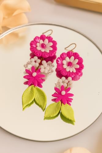 Handmade Pink Floral Dangle Earrings with Beads & Leaves | Clay Jewelry for Women & Girls | Rakshabandhan Gift | Boho Statement Earrings