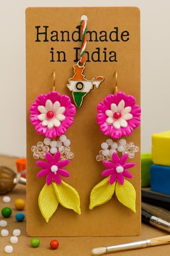 Handmade Pink Floral Dangle Earrings with Beads & Leaves | Clay Jewelry for Women & Girls | Rakshabandhan Gift | Boho Statement Earrings