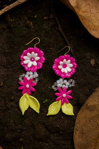 Handmade Pink Floral Dangle Earrings with Beads & Leaves | Clay Jewelry for Women & Girls | Rakshabandhan Gift | Boho Statement Earrings