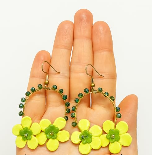 Tahera Handcrafted Green Flower Hoop Earrings for Women & Girls, Beaded Floral Statement Earrings | Lightweight Boho Ethnic Dangler Jewelry for Festive & Casual Wear