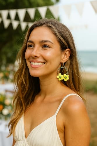 Tahera Handcrafted Green Flower Hoop Earrings for Women & Girls, Beaded Floral Statement Earrings | Lightweight Boho Ethnic Dangler Jewelry for Festive & Casual Wear