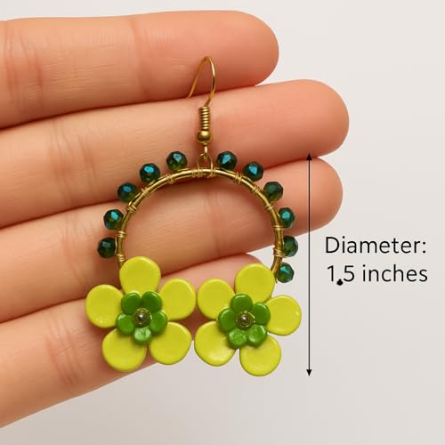 Tahera Handcrafted Green Flower Hoop Earrings for Women & Girls, Beaded Floral Statement Earrings | Lightweight Boho Ethnic Dangler Jewelry for Festive & Casual Wear