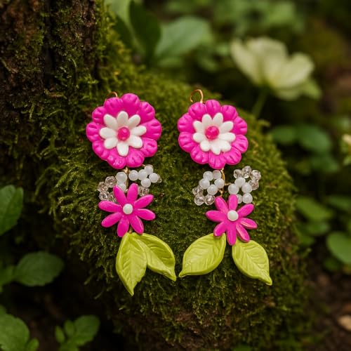 Handmade Pink Floral Dangle Earrings with Beads & Leaves | Clay Jewelry for Women & Girls | Rakshabandhan Gift | Boho Statement Earrings
