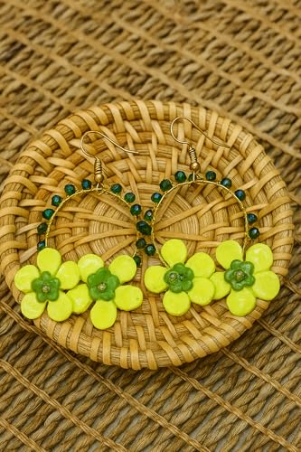 Tahera Handcrafted Green Flower Hoop Earrings for Women & Girls, Beaded Floral Statement Earrings | Lightweight Boho Ethnic Dangler Jewelry for Festive & Casual Wear