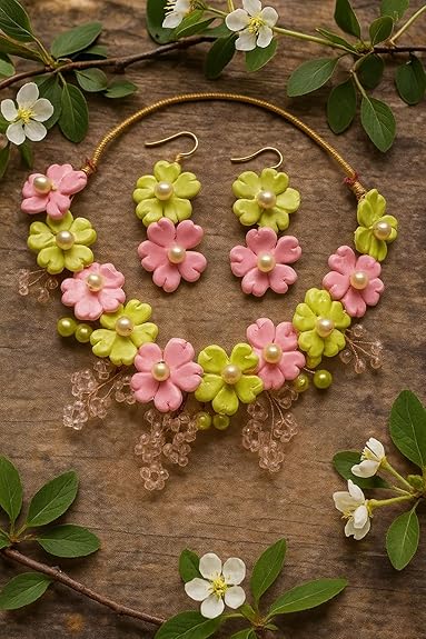 TAHERA Blush Pink and Pistachio Green Jewelry Set.
