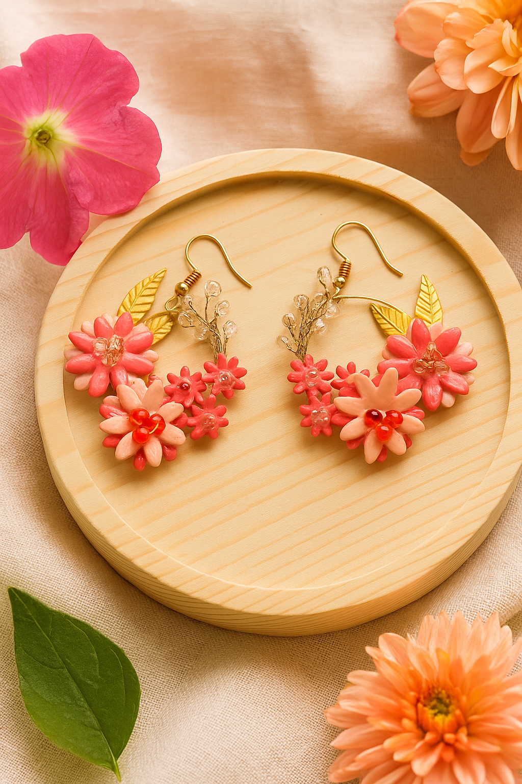 Tahera Handmade Pink and Red Floral Hoop Earrings, Wedding Clay Flower Design with Gold Leaves, Fashion Jewellery