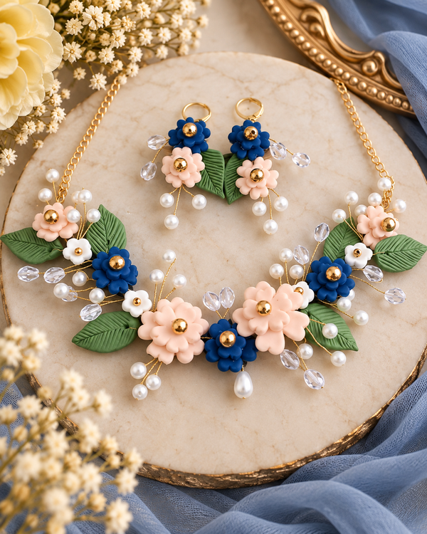 Blue & Blush Floral Handmade Clay Jewelry Set
