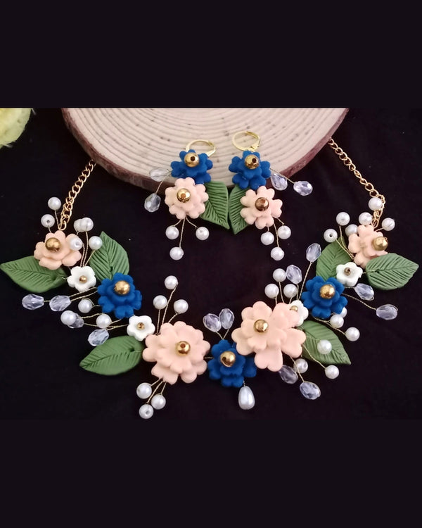 Blue & Blush Floral Handmade Clay Jewelry Set