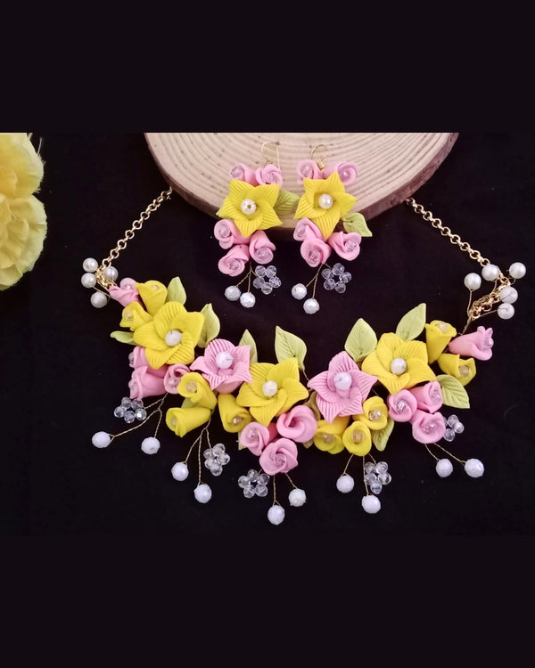 Pink & Yellow Bloom Handmade Clay Jewelry Set