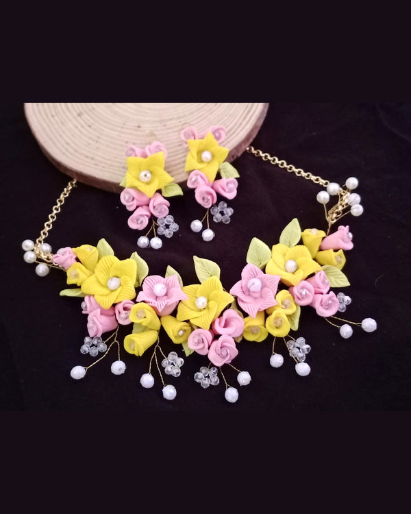 Pink & Yellow Bloom Handmade Clay Jewelry Set