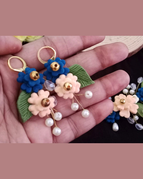Blue & Blush Floral Handmade Clay Jewelry Set