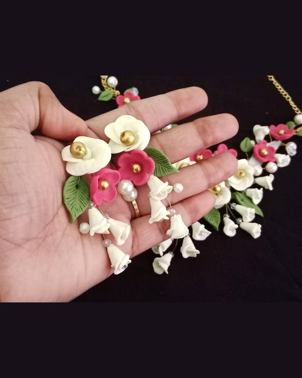 Maroon & Ivory Floral Handmade Clay Jewelry Set