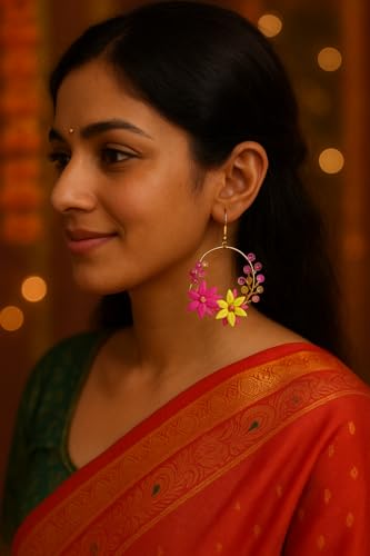 Tahera Handmade Floral Hoop Earrings – Pink Clay Flower Jewelry for Women & Girls – Lightweight & Unique Boho Gift Idea