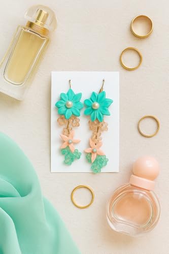 Handmade Turquoise Flower Earrings for Women | Clay & Bead Dangle Earrings | Boho Jewelry Gift
