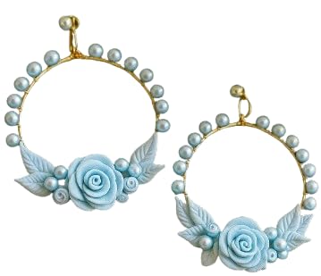 Handmade Turquoise Floral Hoop Earrings – Clay Roses & Beads | Lightweight Boho Statement Jewelry for Women & Girls | Ethnic & Festive Accessories
