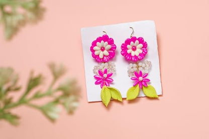 Handmade Pink Floral Dangle Earrings with Beads & Leaves | Clay Jewelry for Women & Girls | Rakshabandhan Gift | Boho Statement Earrings
