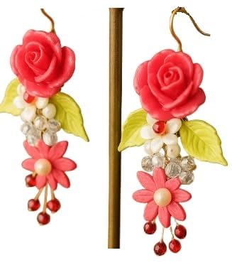 Handmade Floral Dangle Earrings for Women – Polymer Clay Rose & Bead Drop Earrings – Boho Statement Jewelry with Pink Flowers, Crystals & Leaves – Lightweight & Unique Gift for Her