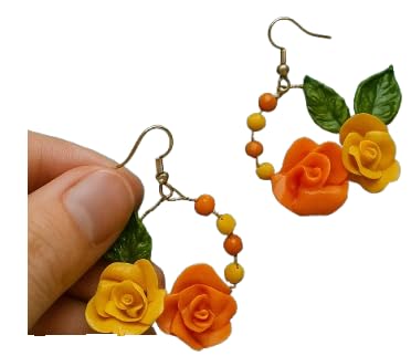 Handmade Haldi & Mehndi Earrings – Yellow & Orange Clay Flower Hoop | Ethnic Floral Jwellery for Women & Girls | Festive & Wedding Accessories