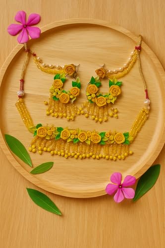 TAHERA Handicraft Haldi Jewelry Set for Bride | Wedding Mehndi Yellow Clay Flowers & Beads Necklace Earrings.
