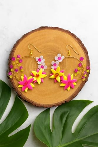 Tahera Handmade Floral Hoop Earrings – Pink Clay Flower Jewelry for Women & Girls – Lightweight & Unique Boho Gift Idea