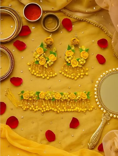 TAHERA Handicraft Haldi Jewelry Set for Bride | Wedding Mehndi Yellow Clay Flowers & Beads Necklace Earrings.