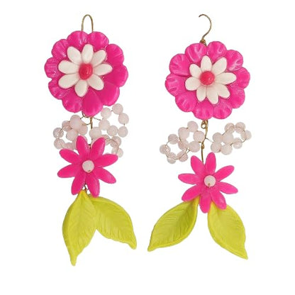Handmade Pink Floral Dangle Earrings with Beads & Leaves | Clay Jewelry for Women & Girls | Rakshabandhan Gift | Boho Statement Earrings