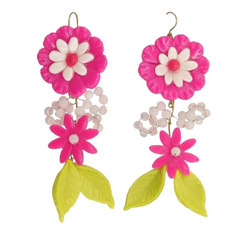 Handmade Pink Floral Dangle Earrings with Beads & Leaves | Clay Jewelry for Women & Girls | Rakshabandhan Gift | Boho Statement Earrings