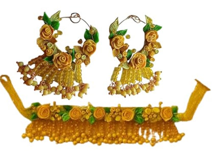 TAHERA Handicraft Haldi Jewelry Set for Bride | Wedding Mehndi Yellow Clay Flowers & Beads Necklace Earrings.