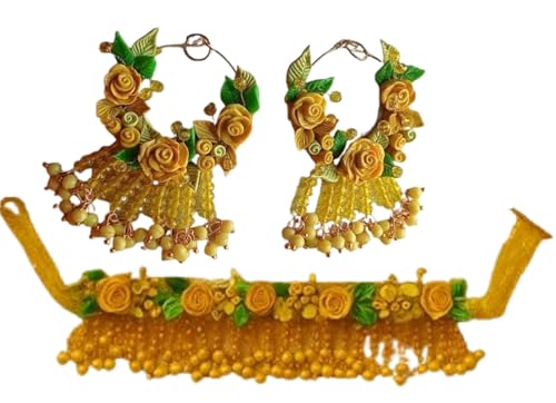 TAHERA Handicraft Haldi Jewelry Set for Bride | Wedding Mehndi Yellow Clay Flowers & Beads Necklace Earrings.