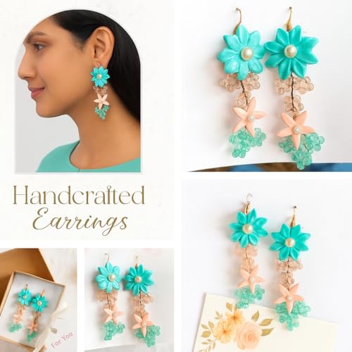 Handmade Turquoise Flower Earrings for Women | Clay & Bead Dangle Earrings | Boho Jewelry Gift