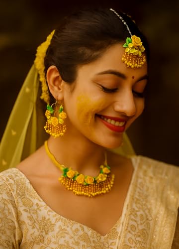 TAHERA Handicraft Haldi Jewelry Set for Bride | Wedding Mehndi Yellow Clay Flowers & Beads Necklace Earrings.