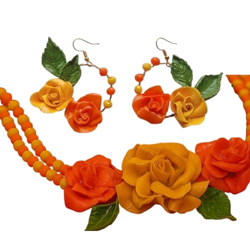 TAHERA Floral Haldi Mehndi Jewellery Set, Yellow Necklace & Earrings, Handmade Wedding Bridal Accessories for Women