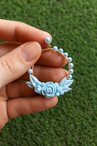 Handmade Turquoise Floral Hoop Earrings – Clay Roses & Beads | Lightweight Boho Statement Jewelry for Women & Girls | Ethnic & Festive Accessories