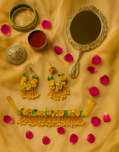 TAHERA Handicraft Haldi Jewelry Set for Bride | Wedding Mehndi Yellow Clay Flowers & Beads Necklace Earrings.
