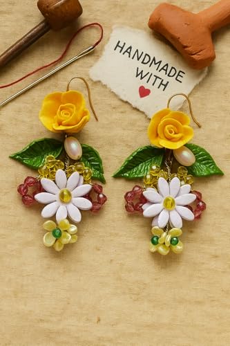 Tahera Handcrafted Yellow Rose Earrings | Haldi Floral Beaded Danglers | Mehndi Lightweight Boho Festive Jewelry.