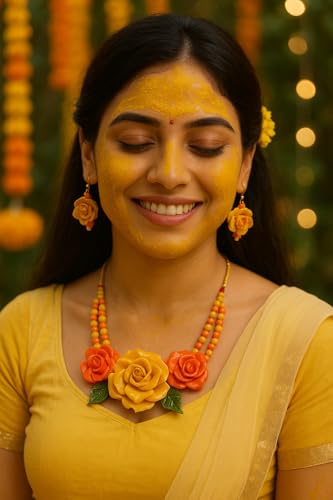 TAHERA Floral Haldi Mehndi Jewellery Set, Yellow Necklace & Earrings, Handmade Wedding Bridal Accessories for Women