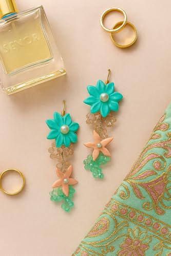 Handmade Turquoise Flower Earrings for Women | Clay & Bead Dangle Earrings | Boho Jewelry Gift
