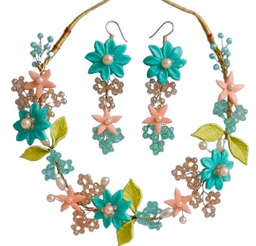 TAHERA Handmade Floral Necklace and Earrings Set, Turquoise and Peach Clay Beads, Wedding Jewellery
