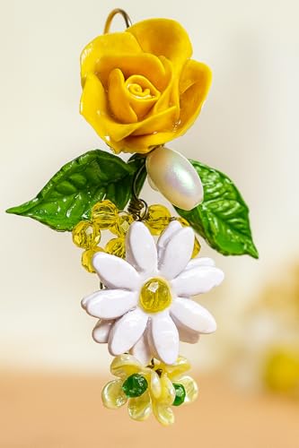 Tahera Handcrafted Yellow Rose Earrings | Haldi Floral Beaded Danglers | Mehndi Lightweight Boho Festive Jewelry.