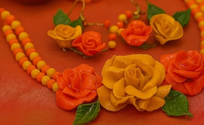 TAHERA Floral Haldi Mehndi Jewellery Set, Yellow Necklace & Earrings, Handmade Wedding Bridal Accessories for Women