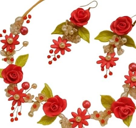 TAHERA Clay and Pearl Wedding Jewelry Set for Women, Tomato Red Rose Floral Handmade Necklace and Earrings for Rakshabandhan Gift.