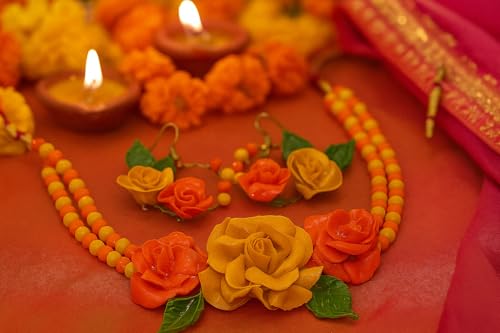TAHERA Floral Haldi Mehndi Jewellery Set, Yellow Necklace & Earrings, Handmade Wedding Bridal Accessories for Women