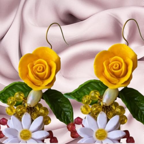 Tahera Handcrafted Yellow Rose Earrings | Haldi Floral Beaded Danglers | Mehndi Lightweight Boho Festive Jewelry.