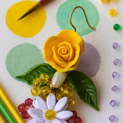 Tahera Handcrafted Yellow Rose Earrings | Haldi Floral Beaded Danglers | Mehndi Lightweight Boho Festive Jewelry.