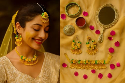 TAHERA Handicraft Haldi Jewelry Set for Bride | Wedding Mehndi Yellow Clay Flowers & Beads Necklace Earrings.